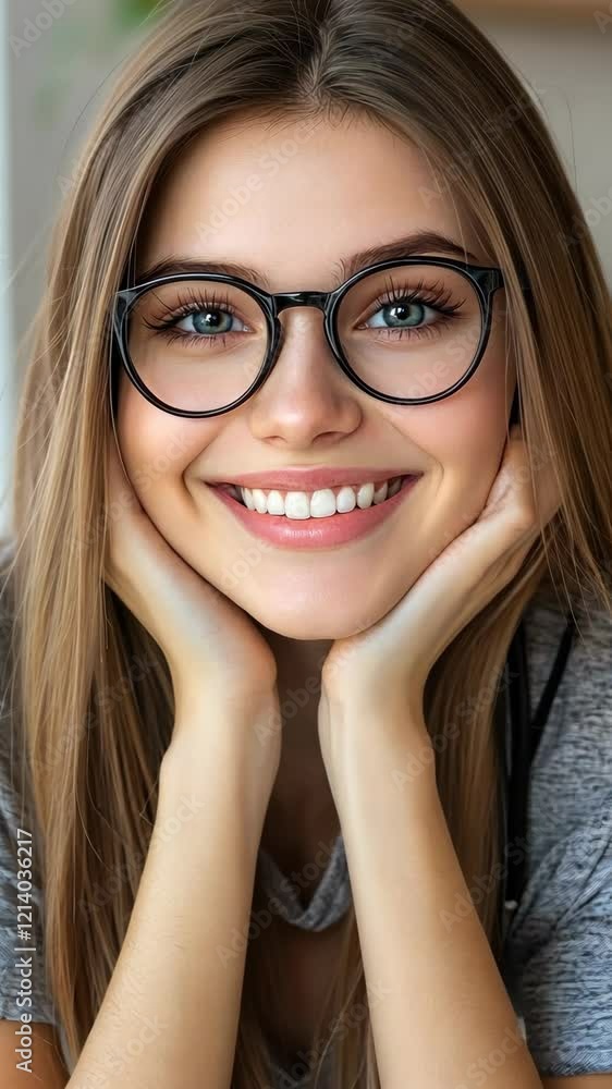 Smiling young woman with glasses enjoying indoor relaxation and personal reflection in a cozy setting Smiling young woman with glasses enjoying indoor relaxation and personal reflection in a cozy setting