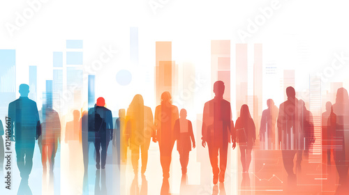 A conceptual representation of consumer demographics featuring overlapping translucent human silhouettes in various colors, sizes, and shades. Behind them, digital data streams and graphs illustrate