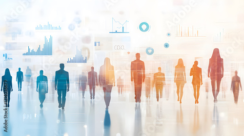 A conceptual representation of consumer demographics featuring overlapping translucent human silhouettes in various colors, sizes, and shades. Behind them, digital data streams and graphs illustrate