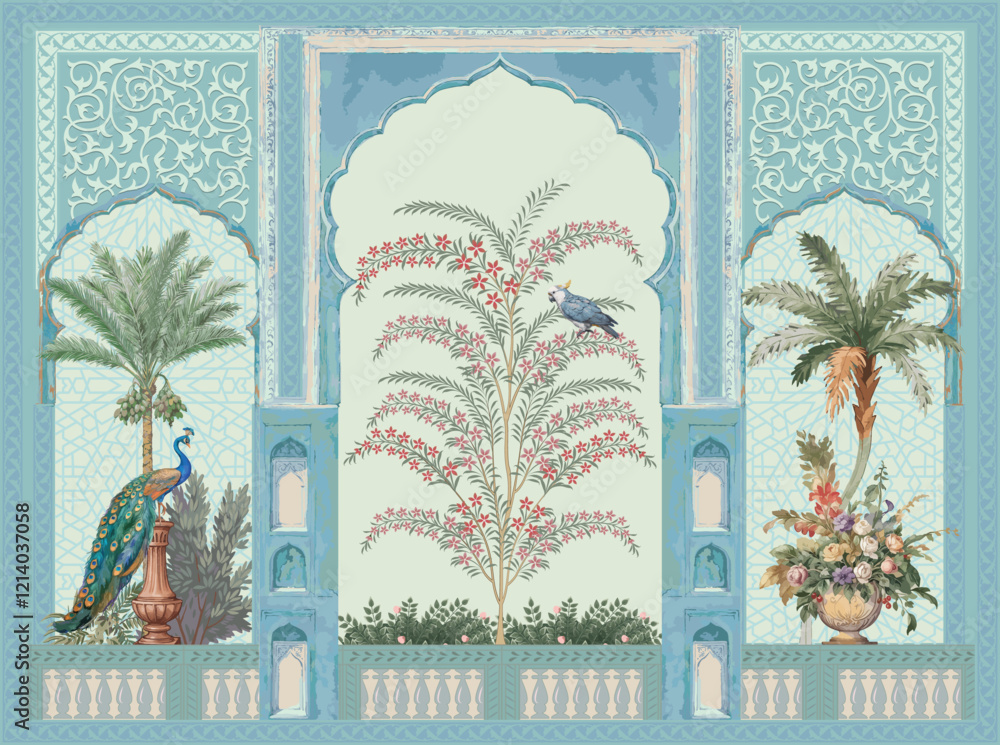 custom made wallpaper toronto digitalMoroccan decorative floral wallpaper with peacock, dates tree, plant seamless pattern illustration