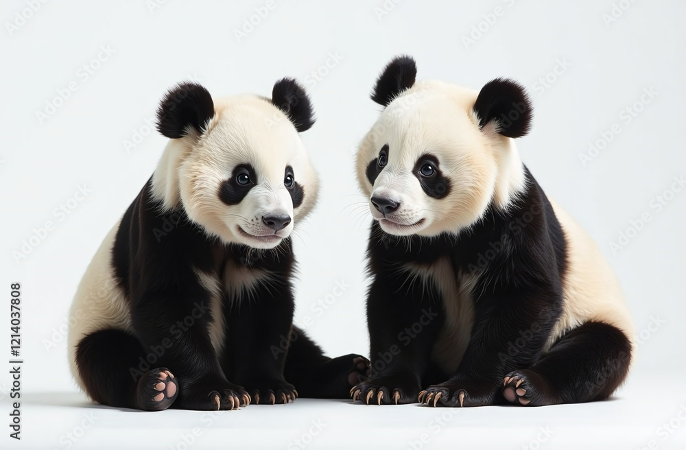 Naklejka premium Two adorable panda cubs sitting together on white background.