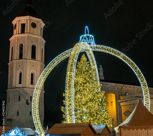 View of the Christmas Tree of Year 2024 at the Cathedral Square of Vilnius Old Town, Vilnius, Lithuania 