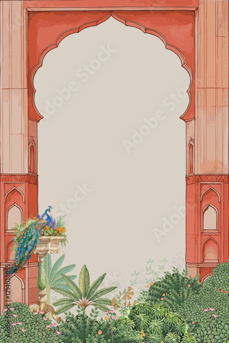 Mughal decorative ethnic garden with arch gate, peacock and flower illustration pattern frame