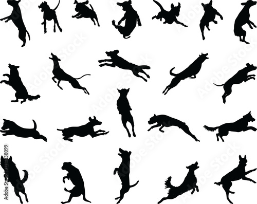 Black silhouettes of dog jumps