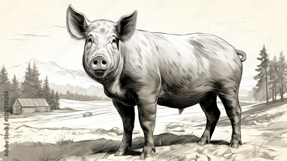 Pig in a meadow on the background of a rural landscape, simple black and white sketch, minimalism, no people, close-up, concept, funny piglet Pig in a meadow on the background of a rural landscape, simple black and white sketch, minimalism, no people, close-up, concept, funny piglet