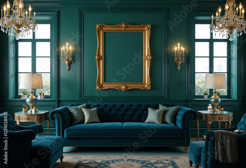 Experience the extravagance of a luxurious glam sitting room designed for opulence and comfort. The walls are painted a rich emerald green, creating an exquisite opulent backdrop.  photo