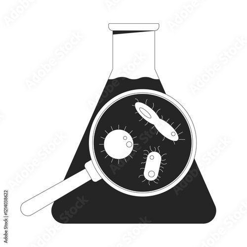 Magnified microorganisms in flask with water black and white 2D line object. Microbiological research, lab experiment glassware isolated clip art vector outline item. Monochromatic spot illustration
