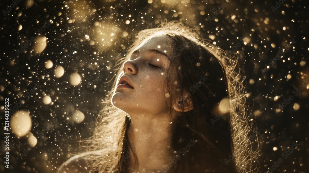 Obraz premium Woman looks up into gold sparkling particles falling.