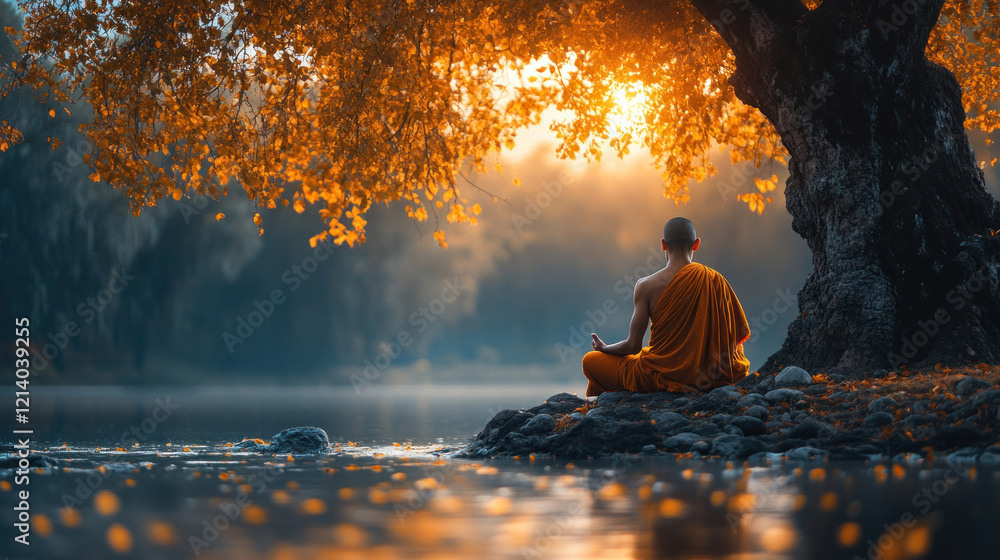 A Buddhist monk meditating under a tree, with a serene expression and glowing morning light A Buddhist monk meditating under a tree, with a serene expression and glowing morning light