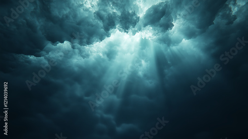 un rays pierce through dark and dramatic clouds creating dramatic and ethereal scene above, evoking sense of awe and mystery