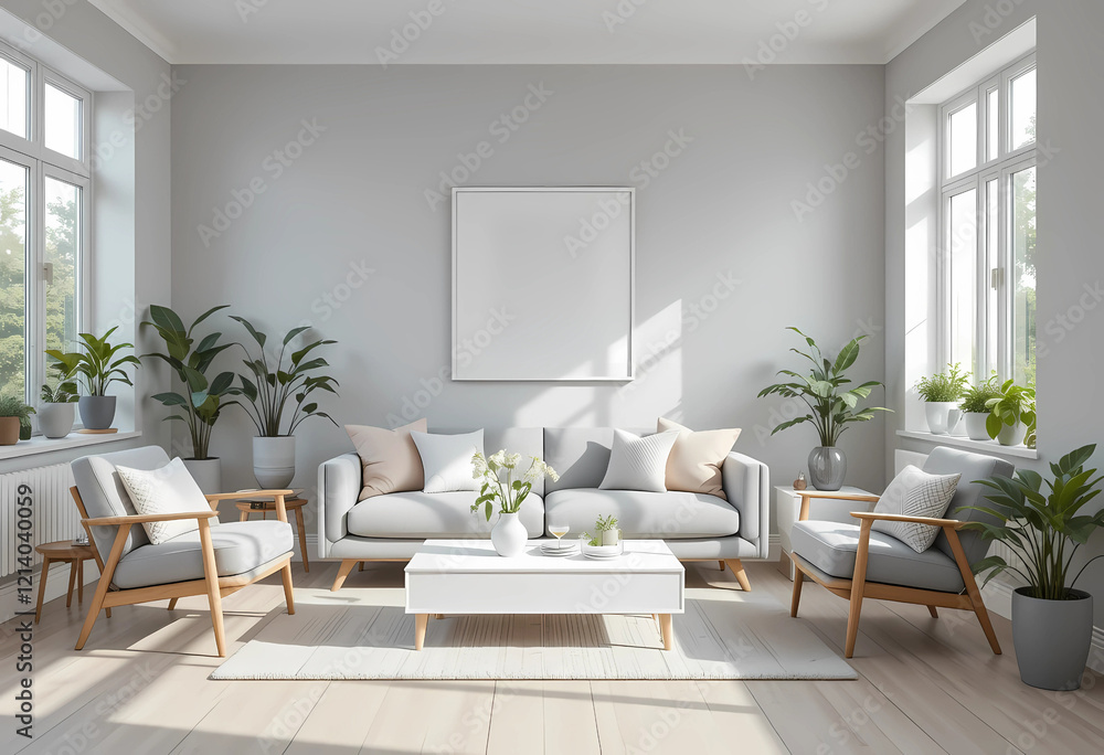 Step into a serene Scandinavian-inspired living room designed with minimalism in mind. The space features light grey walls and light wooden flooring. Step into a serene Scandinavian-inspired living room designed with minimalism in mind. The space features light grey walls and light wooden flooring.