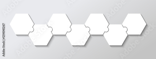 Puzzle diagram grid with 7 hexagonal pieces in a row. Process infographics presentation. Business info graphic with steps, parts. Jigsaw business chain infographic. Vector illustration