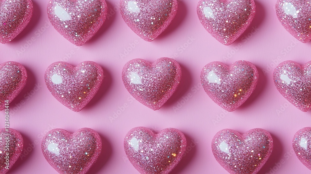 Fototapeta premium Iridescent glitter hearts on pink background, heart-shaped,copy