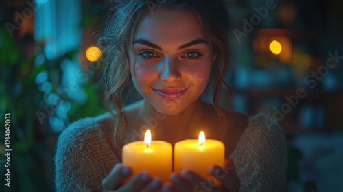 A Jewish person lighting Shabbat candles at home, creating a warm and spiritual atmosphere photo