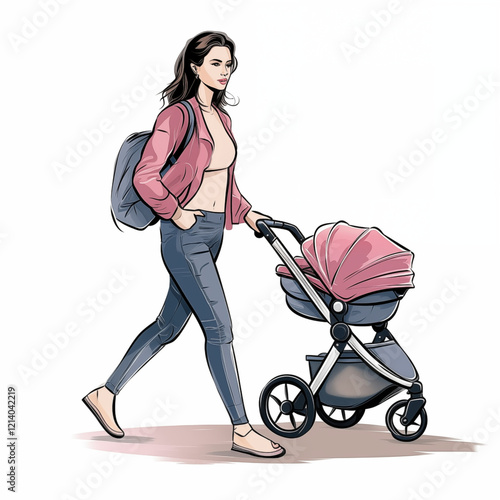 A young woman in a pink jacket is pushing a baby carriage with a pink top on three wheels with her left hand, side view, icon, color sketch isolate on a white background, picture, image for printing photo