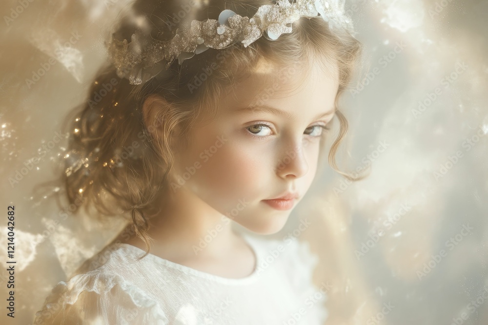Young girl with crown in soft, dreamy light. Young girl with crown in soft, dreamy light.