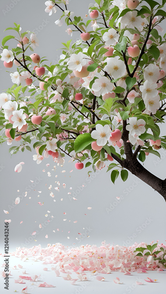 Fototapeta premium Blooming apple tree on a white background. Soft white and pink blossoms adorn the branches, with a few petals falling gently. Fresh green leaves add contrast, creating a bright springtime design.