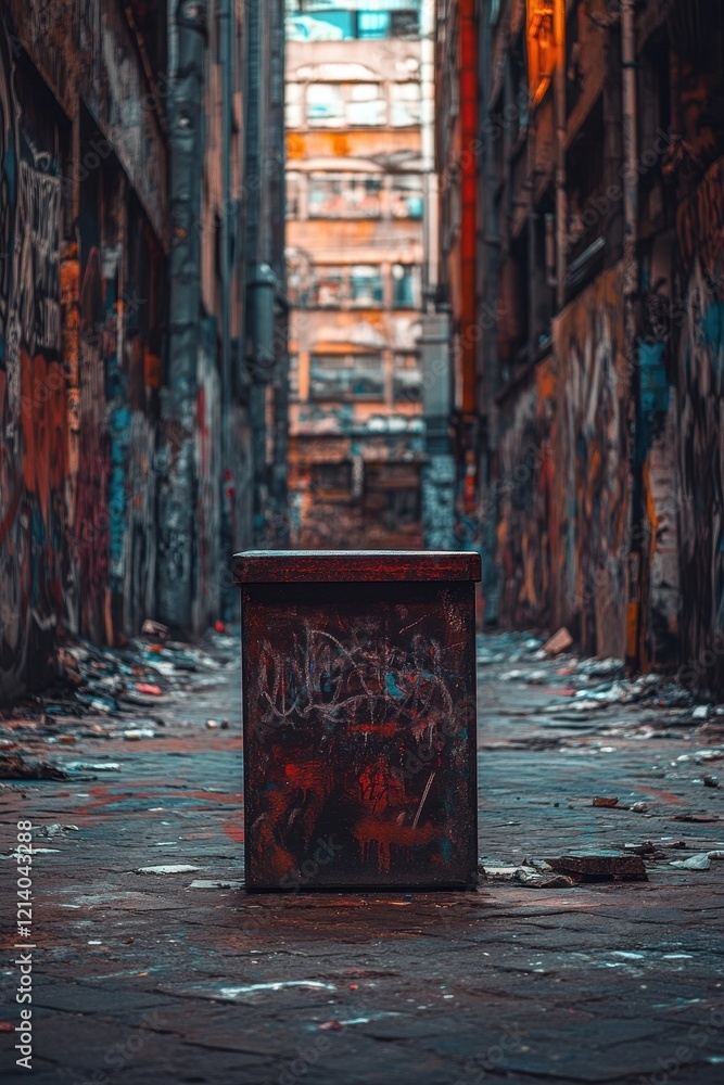 Fototapeta premium Gritty Urban Alleyway Graffiti Covered Walls and Weathered Metal Bin.
