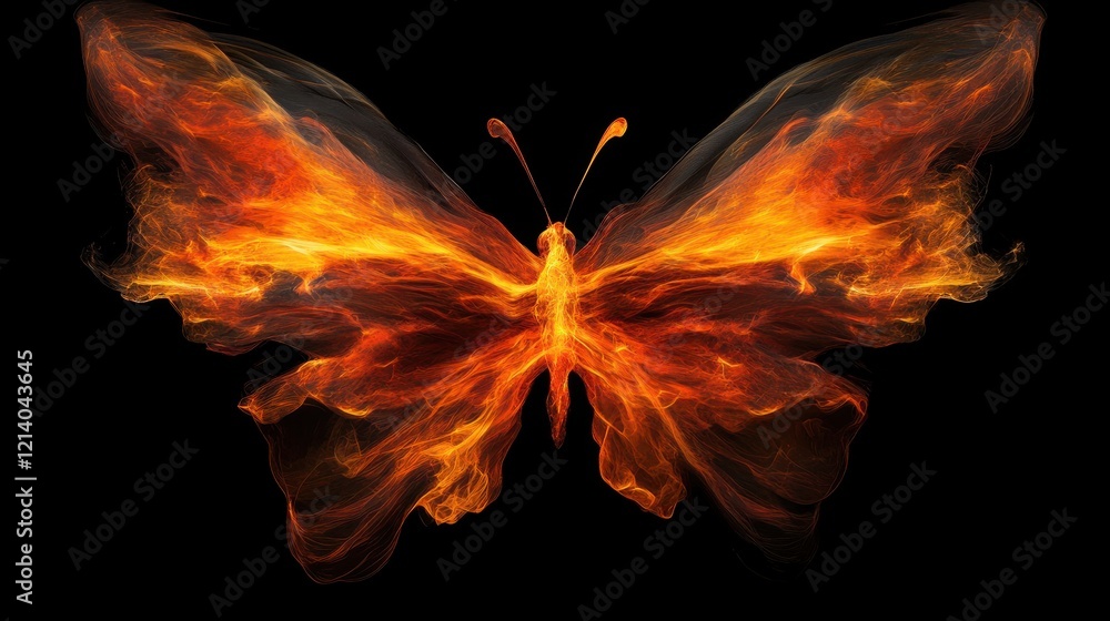 Fototapeta premium Firefly Butterfly: A vibrant and ethereal butterfly, with wings ablaze in fiery hues, takes flight against a dark backdrop, embodying transformation and the ephemeral beauty of nature. 
