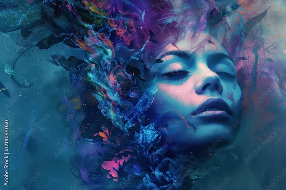 Woman is sleeping surrounded by abstract colorful lights and shapes Woman is sleeping surrounded by abstract colorful lights and shapes