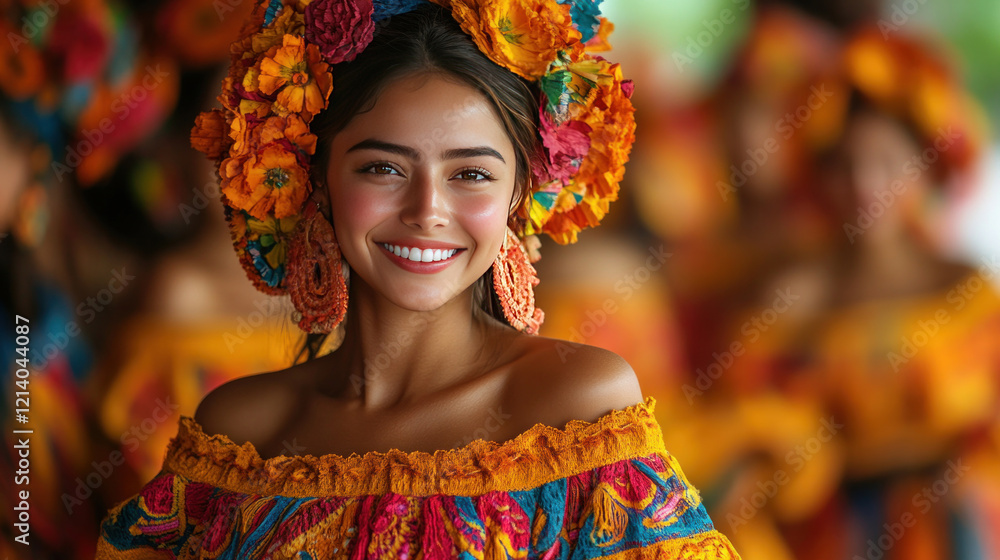 A dancer in a traditional costume performing at a cultural event, surrounded by vibrant decorations A dancer in a traditional costume performing at a cultural event, surrounded by vibrant decorations