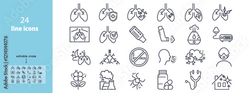 Asthma line icons set. Respiratory diseases, lungs, bronchi, spirometer, inhaler, allergens, x-ray, chest cavity, nibulizer, asthma attack vector illustration. Editable Strokes