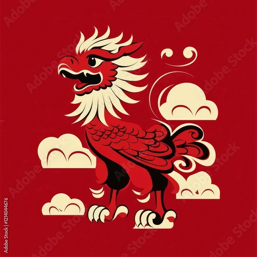 Majestic Red Chinese Phoenix in Clouds - Traditional Asian Art Illustration photo