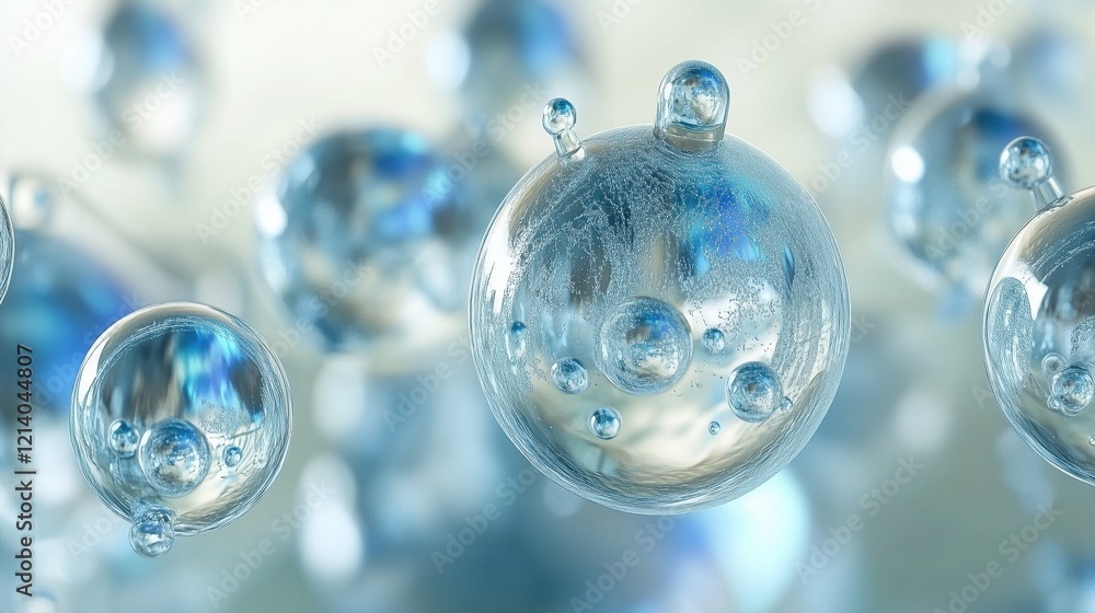 Spherical water droplets with intricate reflections floating in a calm environment Spherical water droplets with intricate reflections floating in a calm environment