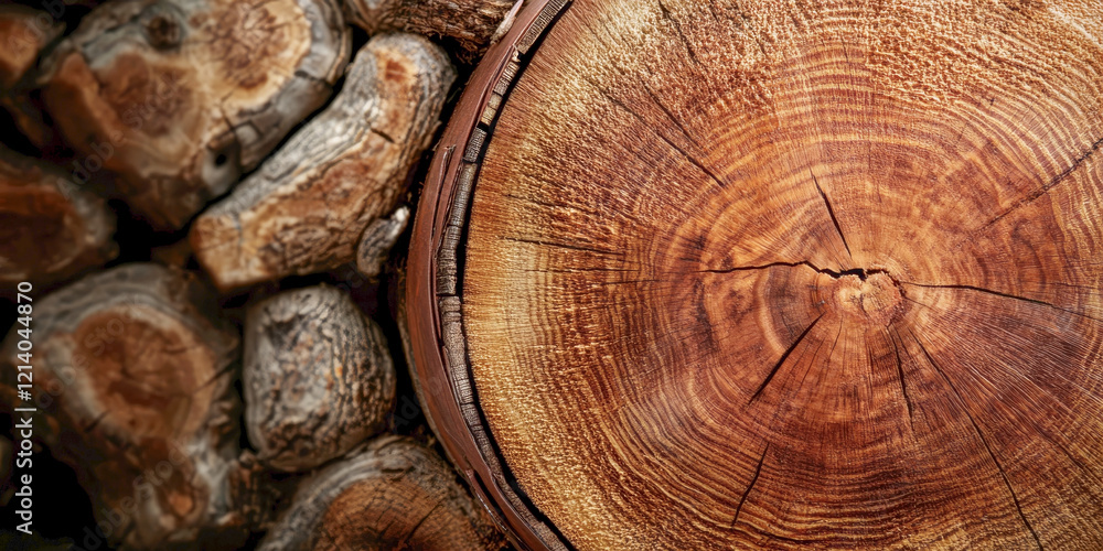 Naklejka premium Wine barrel lid showing growth rings and pile of logs