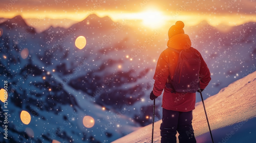 Naklejka premium A skier gazing at a sunrise from the top of a mountain, but their reflection in the snow is distorted and digitally enhanced with faint holographic patterns of stars