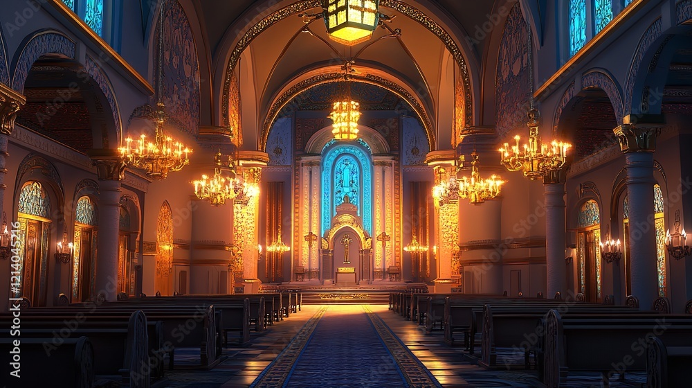 Obraz premium Un colorido interior de vidrieras de una antigua iglesia o catedral, con la luz del sol entrando por las ventanas y proyectando vibrantes patrones de luz en las paredes y el suelo