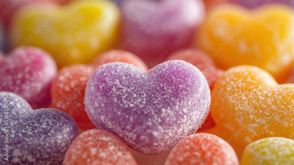 Colorful heart-shaped candies displayed close up at a festive market stall in the afternoon sun Colorful heart-shaped candies displayed close up at a festive market stall in the afternoon sun
