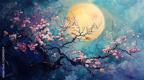 painting style illustration, full moon night shine over flower blossom tree with nature landscape