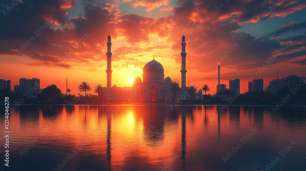 A magnificent Islamic mosque with its dome and minarets glowing under the soft light of the setting sun A magnificent Islamic mosque with its dome and minarets glowing under the soft light of the setting sun