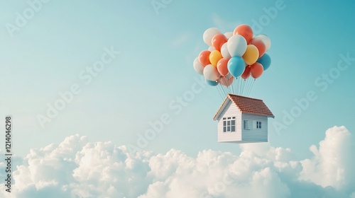 Wallpaper Mural Little house floats on colorful balloons in the sky. Torontodigital.ca