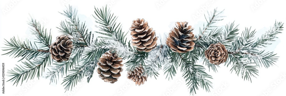 Watercolor Pine Branch and Pinecone Garland with Snow, Holiday Decoration, Isolated on White. Watercolor Pine Branch and Pinecone Garland with Snow, Holiday Decoration, Isolated on White.