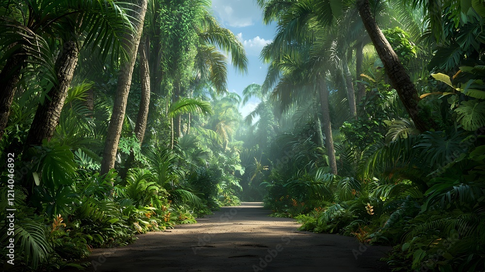 Lush Tropical Jungle Pathway Adventure with Dense Foliage and Verdant Vegetation Serene Scenic and Exotic Forest Landscape with Palm Trees Plants and Overgrown Undergrowth Lush Tropical Jungle Pathway Adventure with Dense Foliage and Verdant Vegetation Serene Scenic and Exotic Forest Landscape with Palm Trees Plants and Overgrown Undergrowth