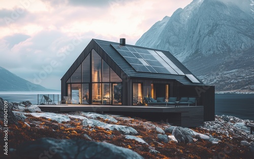 A sleek Scandinavian-style eco-house made of timber and glass, set in a mountainous landscape by the ocean, featuring solar panels and a serene environment photo