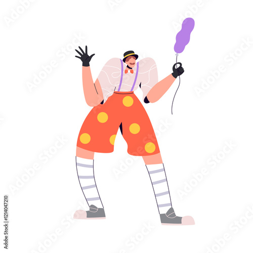 Circus artist with balloon. Playful funny jester, street mime performer. Joker, harlequin, clown character in carnival costume, performing comedy. Flat vector illustration isolated on white background