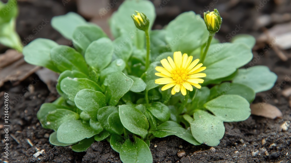 Vibrant Yellow Wildflower Blooming in Spring Soil.