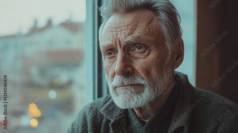 contemplative portrait of elderly man by window soft natural light highlighting weathered features reflective mood urban backdrop contemplative portrait of elderly man by window soft natural light highlighting weathered features reflective mood urban backdrop