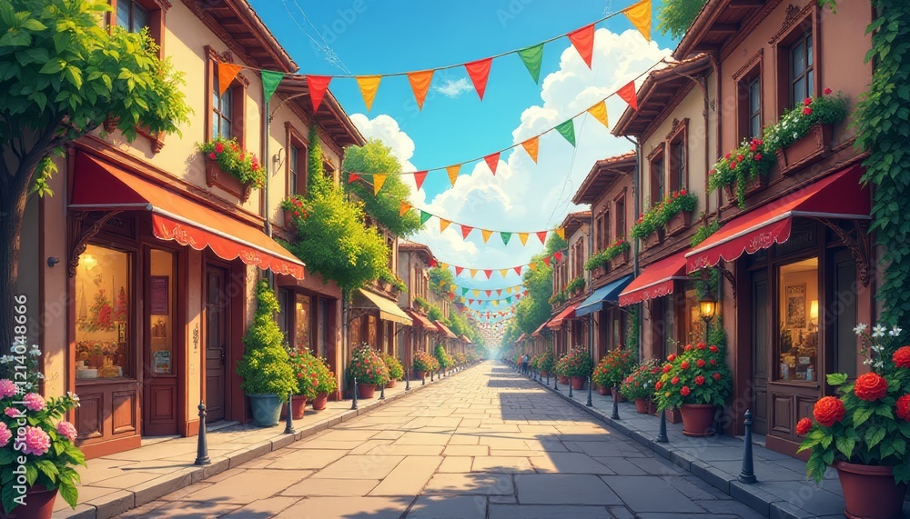 Fototapeta premium Vibrant street adorned with flowers and festive decorations in a sunny locale