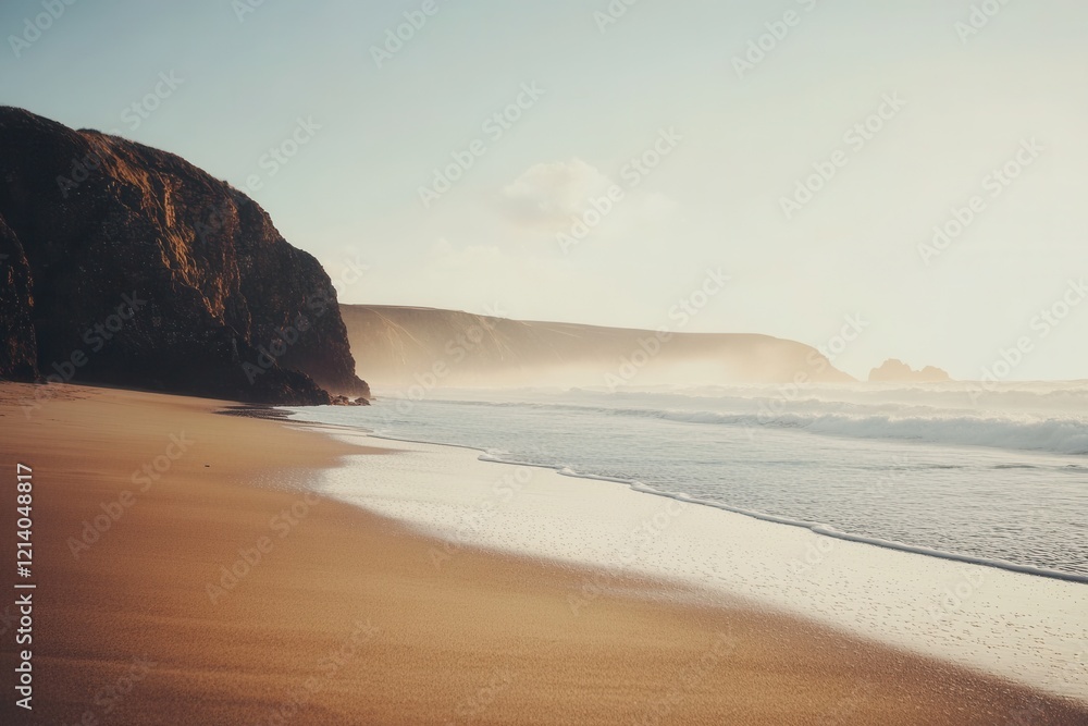 Golden Hour Coastal Scene Dramatic Cliffs, Sandy Beach, and Gentle Ocean Waves at Sunset. Golden Hour Coastal Scene Dramatic Cliffs, Sandy Beach, and Gentle Ocean Waves at Sunset.