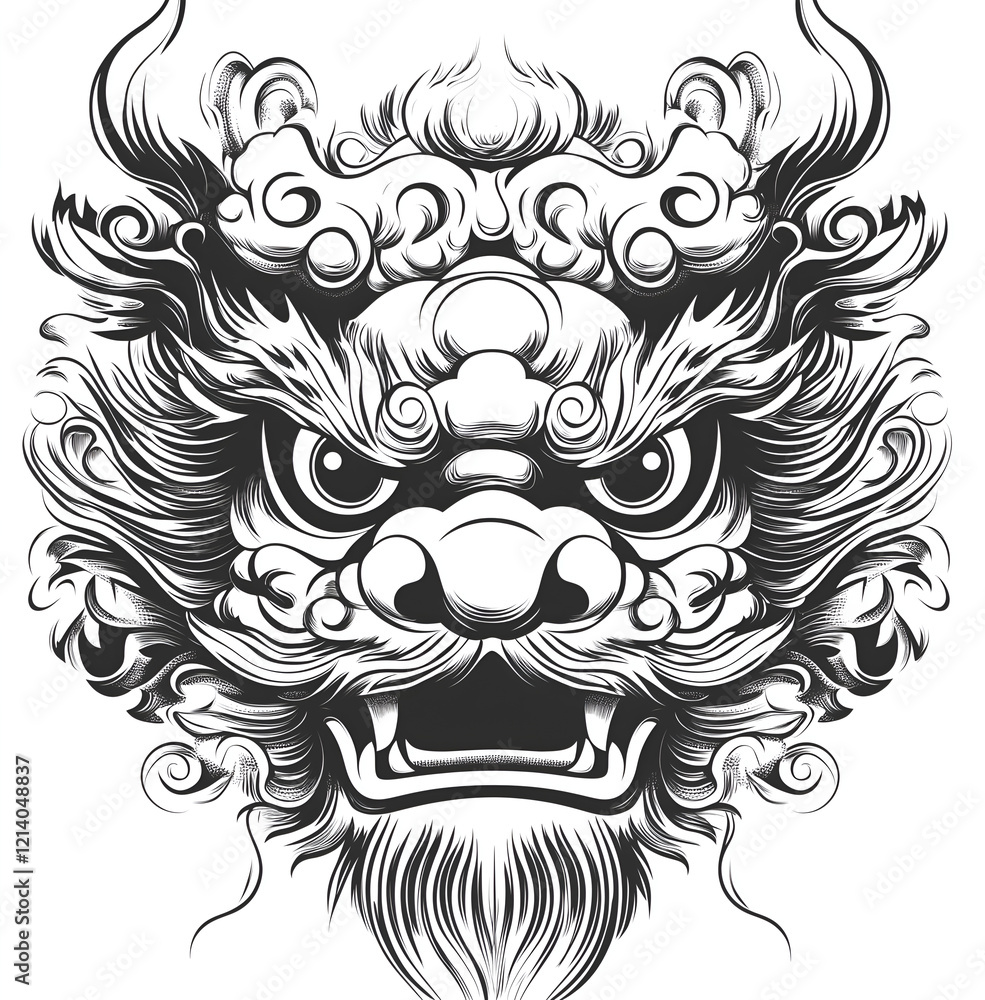 Fototapeta premium Chinese dragon head, cute Chinese traditional pattern design, simple lines, flat illustration style, black and white color