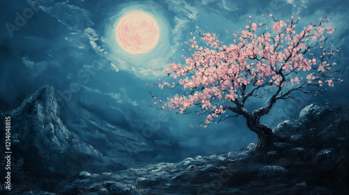 painting style illustration, full moon night shine over flower blossom tree with nature landscape
