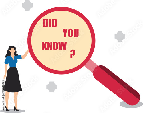 Did you know, fun fact, expert information, explanation or solution, idea or advice message, useful knowledge or wisdom, useful tip, woman carrying magnifying glass with did you know text