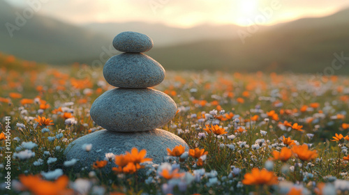 A simple stone sculpture representing secular spirituality, placed in a peaceful meadow photo