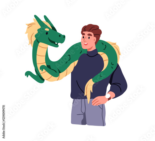 Man holding dragon puppet on hand, shoulder. Puppetry theater actor with fairytale legend character, doll, toy on arm, performing show. Flat vector illustration isolated on white background