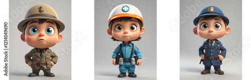 Three adorable cartoon toddlers are dressed in various professions:  a soldier, a paramedic, and a police officer.  Their expressions are serious and cute. photo