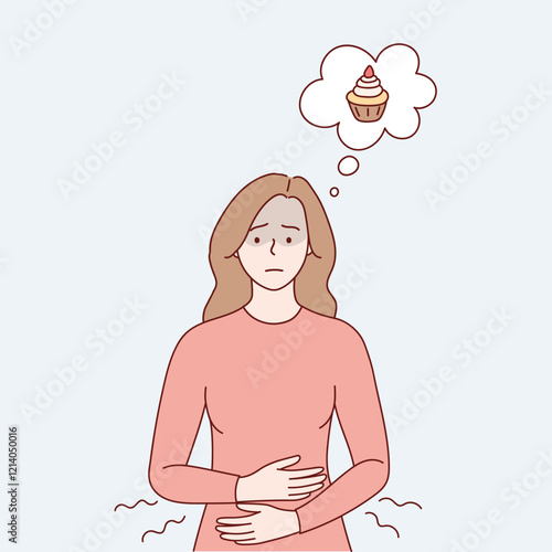 The girl wants to eat while on a diet. Hand drawn vector illustration